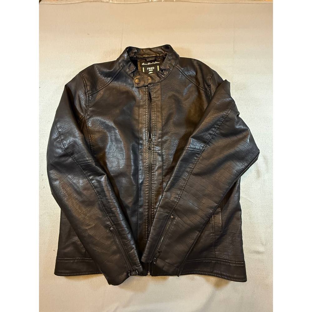 Fried Denim NYC Mens Black Faux Leather Croc Embossed Fur Lined Jacket L